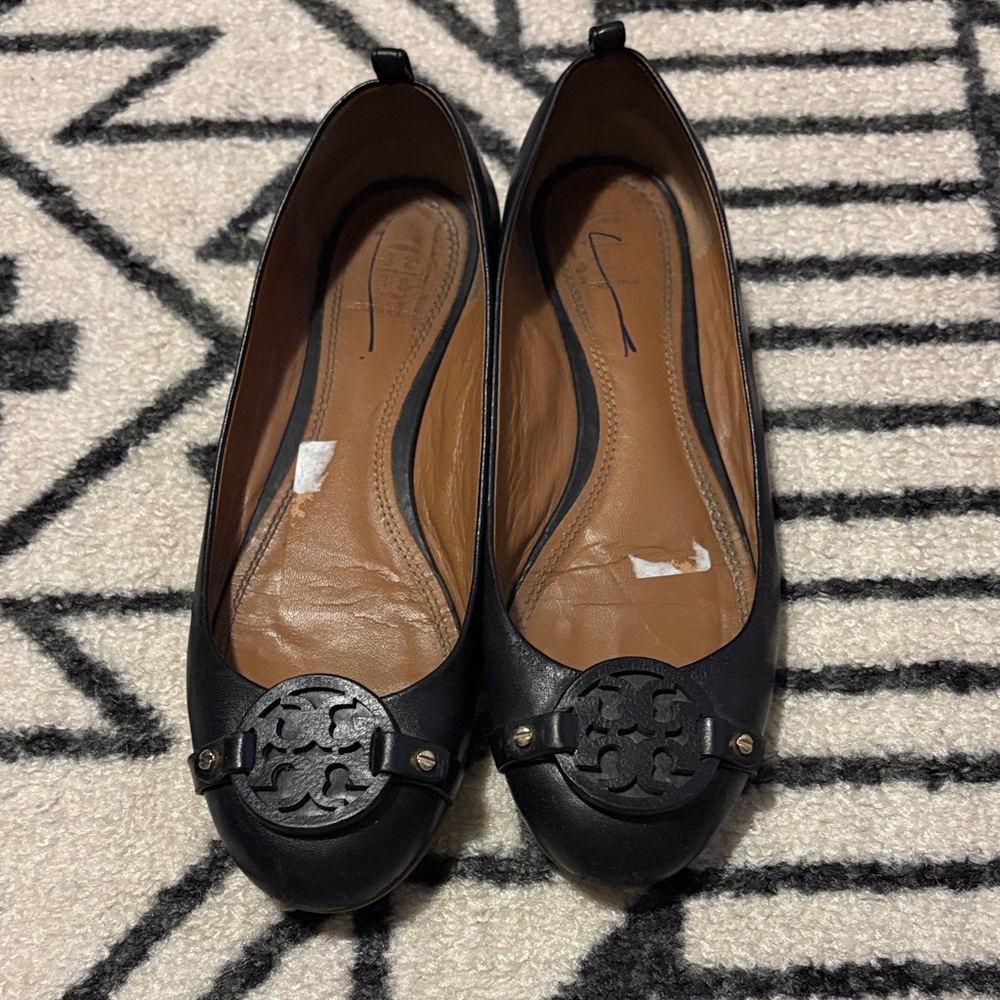 Tory Burch Black Leather Logo Ballet Flats